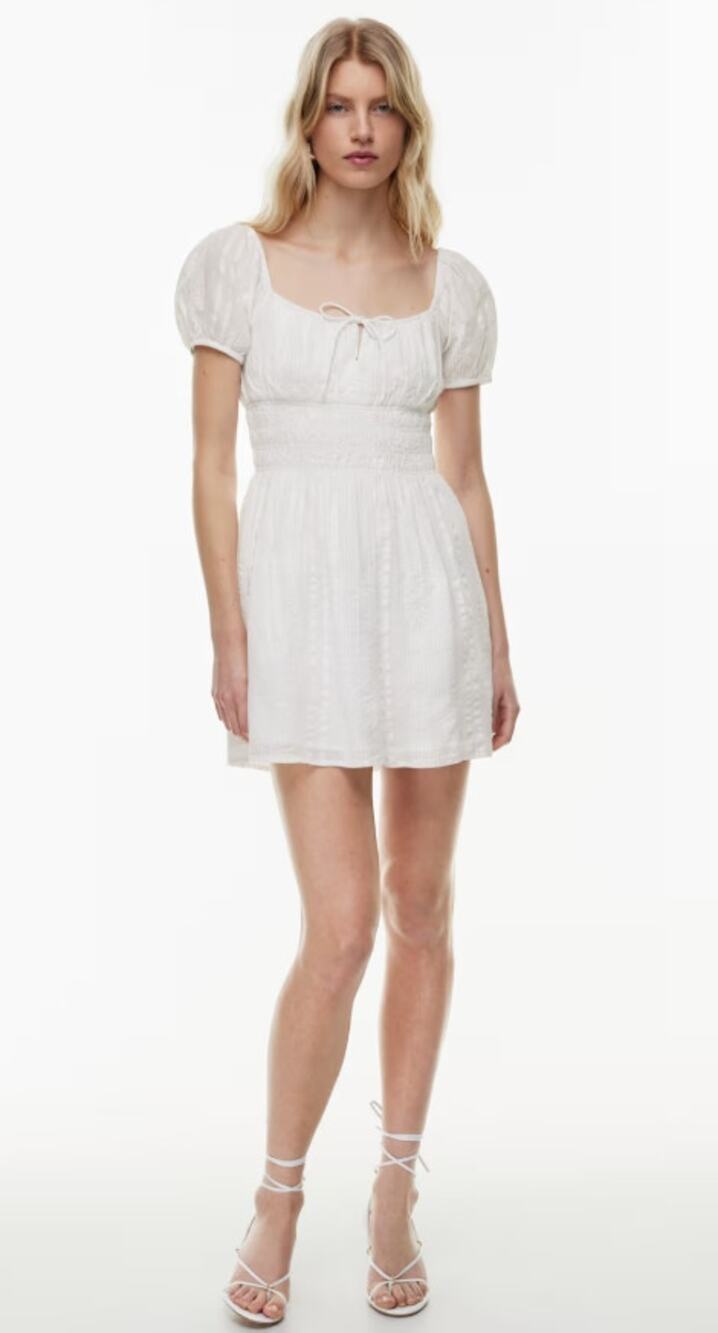 Aritzia Sunday Best Kay Dress Organic Cotton White Smocked Waist Puff Sleeve L